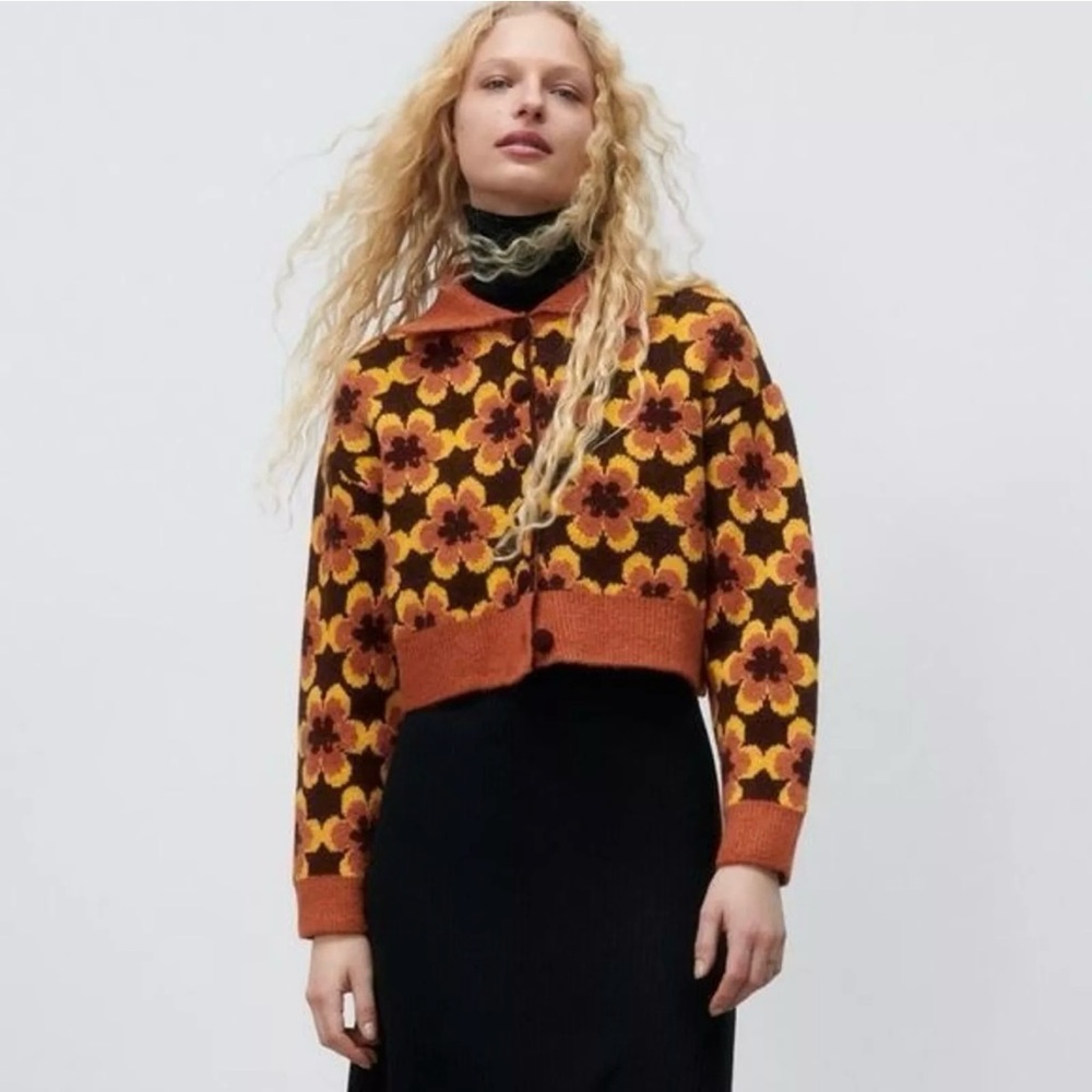 Zara Floral Knit Cardigan in Orange, Yellow, Brown